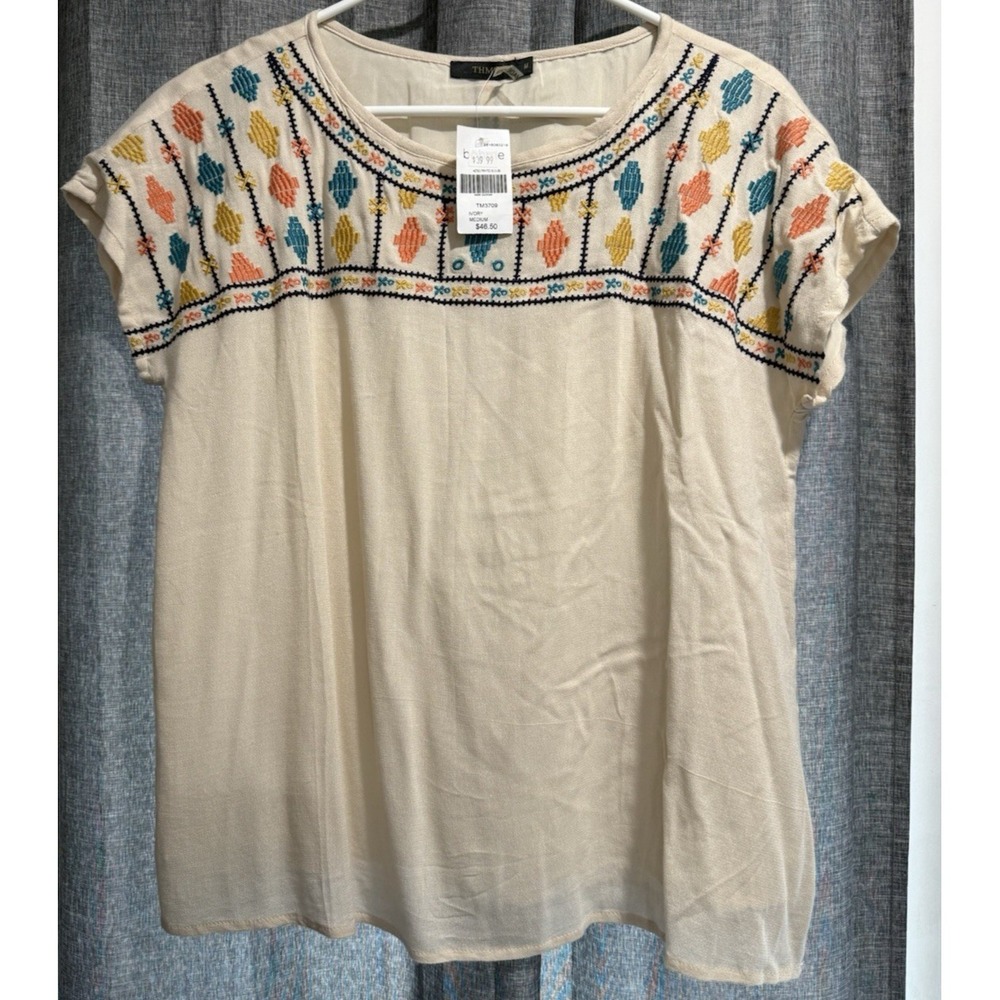 THML Womens Size M Cap Sleeve Embroidered Front/Back Stripe‎ Lined NWT